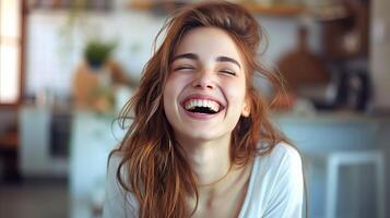 AI generated Joyful young woman laughing in a natural indoor setting photo