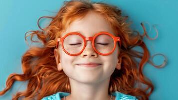 ai generado contento niño con naranja lentes acostado en azul fondo foto