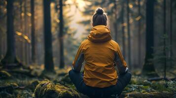 AI generated Person sitting in the middle of forest photo