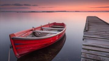 AI generated Tranquil sunset with red boat and wooden pier photo