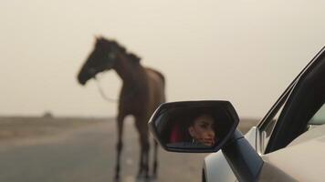 el reflexión de un joven mujer cara en el vista trasera espejo de un costoso Deportes auto, mirando a un rojo caballo en pie en el la carretera en frente de su video