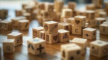 AI generated Wooden blocks with various icons and letters on a table photo