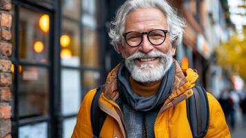 AI generated Man with beard and glasses standing in front of building photo