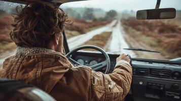 ai generado mujer conducción coche abajo suciedad la carretera foto