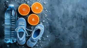 AI generated Shoes, water bottle, and orange slices on ground photo