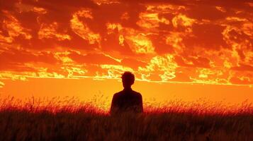 AI generated Silhouetted figure against a vibrant sunset sky in the countryside photo