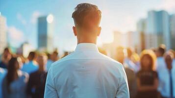 AI generated Businessman facing the sun in a bustling city crowd at sunset photo