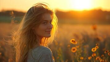 AI generated Woman standing in a sunflower field photo