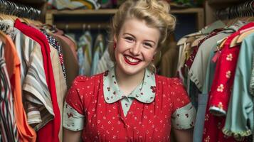 AI generated Smiling woman in vintage red dress amidst retro wardrobe photo