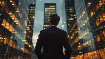 ai generado hombre en traje en pie en frente de alto edificios foto