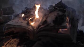 An open book burning in a fire of dry vets at night in an ancient building in oriental style video