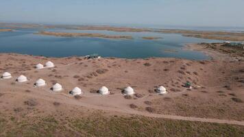 Drönare flyg över en besättning av hästar nära yurts video