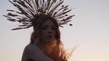 Close-up face of a young woman in autumn headdress on the background of sunset in the mountains video
