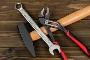 Directly above shot of work tools on table. photo