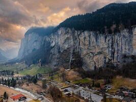 Beautiful aerial view of the Staubbach Falls in Switzerland. Magical panoramic aerial view. photo