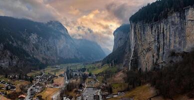 Beautiful aerial view of the Staubbach Falls in Switzerland. Magical panoramic aerial view. photo