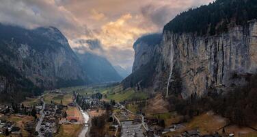 Beautiful aerial view of the Staubbach Falls in Switzerland. Magical panoramic aerial view. photo