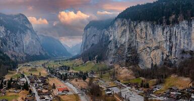 Beautiful aerial view of the Staubbach Falls in Switzerland. Magical panoramic aerial view. photo