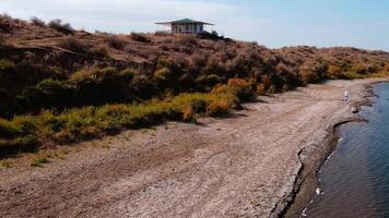 drone vol plus de yourtes sur le rive de Lac aydarkul video