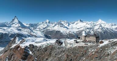 Sweeping Panoramic View of Zermatt Ski Resort by the Matterhorn, Swiss Alps. photo