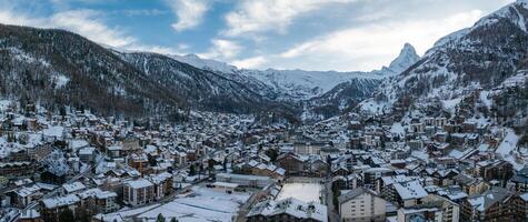 Aerial View of Zermatt, Swiss Alps at Dawn with Matterhorn Peak Visible photo