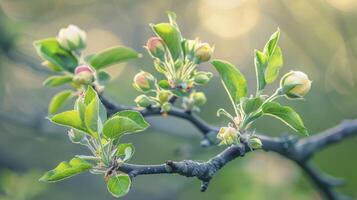 AI generated Apple tree branch with young buds photo