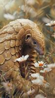 AI generated Pangolin in the the natural flowers field background photo