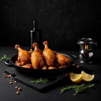 AI generated Realistic Chicken fry in black bowl  photography restaurant style photography black background.Fast food chicken fry decoration.Food photography .Lemon decoration .beautiful decoration. photo