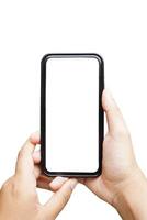 Hand holding smart phone with white screen mock up PNG. white smartphone display mockup in hand isolated on white photo