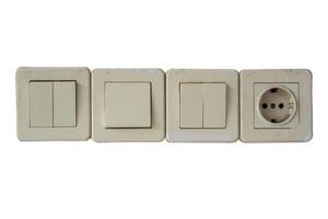 Electrical sockets and a switches isolated on white background. Electrical port. On and off switches. photo