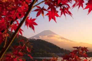 hermosa vista del paisaje natural del monte fuji en kawaguchiko durante la puesta de sol en la temporada de otoño en japón. El monte fuji es un lugar especial de belleza escénica y uno de los sitios históricos de Japón. foto