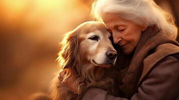 AI generated Old lady hugging golden retriever dog close-up portrait in backlight. Friendship and tender feelings between human and animal concept. AI generated illustration. photo