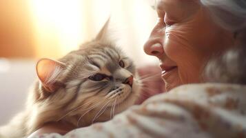 ai generado antiguo mujer participación su gato de cerca retrato. amistad y oferta sentimientos Entre humano y animal concepto. ai generado ilustración. foto