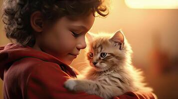 AI generated Cute boy holding a kitten in his arms close-up portrait. Friendship and tender feelings between human and animal concept. AI generated illustration. photo