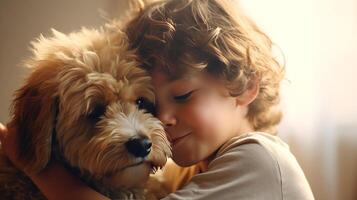 AI generated Young boy hugging shaggy dog closeup portrait. Friendship and tender feelings between human and animal concept. AI generated illustration. photo