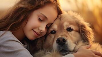 AI generated Tender hugs of a beautiful girl and a golden retriever. Friendship and tender feelings between human and animal concept. AI generated illustration. photo