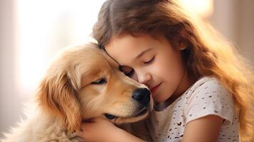 AI generated Tender hugs of a little girl and a golden retriever close-up portrait. Friendship and tender feelings between human and animal concept. AI generated illustration. photo