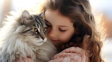 AI generated Beautiful girl holding a fluffy cat in her arms close-up portrait. Friendship and tender feelings between human and animal concept. AI generated illustration. photo