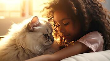AI generated Beautiful curly girl hugs a fluffy cat close-up portrait. Friendship and tender feelings between human and animal concept. AI generated illustration. photo