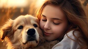 AI generated Tender hugs of a beautiful girl and a golden retriever close-up portrait. Friendship and tender feelings between human and animal concept. AI generated illustration. photo