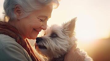 ai generado hermosa antiguo dama y blanco gracioso perro de cerca retrato en iluminar desde el fondo. amistad y oferta sentimientos Entre humano y animal concepto. ai generado ilustración. foto