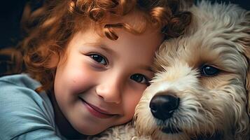 AI generated Smiling boy and shaggy dog closeup portrait. Friendship and tender feelings between human and animal concept. AI generated illustration. photo