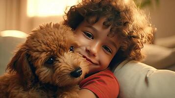 AI generated Tender hugs of a cute boy and a shaggy dog. Friendship and tender feelings between human and animal concept. AI generated illustration. photo