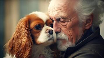 ai generado antiguo hombre abrazos su perro de cerca retrato. amistad y oferta sentimientos Entre humano y animal concepto. ai generado ilustración. foto