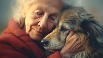 AI generated Old lady hugs her dog close-up portrait. Friendship and tender feelings between human and animal concept. AI generated illustration. photo