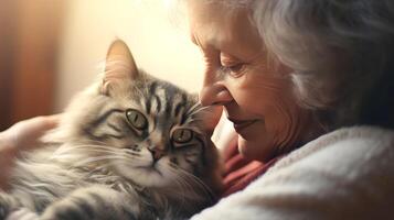 AI generated Old woman hugs her cat close-up portrait. Friendship and tender feelings between human and animal concept. AI generated illustration. photo