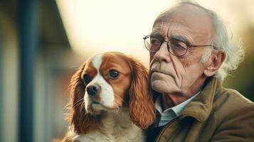 ai generado un antiguo hombre sostiene su perro en su brazos de cerca retrato. amistad y oferta sentimientos Entre humano y animal concepto. ai generado ilustración. foto