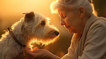 AI generated Beautiful old lady and dog close-up portrait in backlight. Friendship and tender feelings between human and animal concept. AI generated illustration. photo