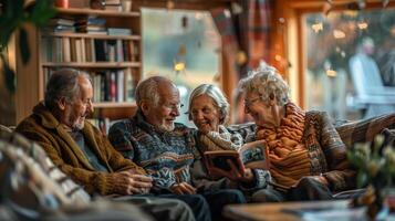 AI generated A warm cozy living room where three generations gather photo