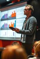 AI generated Charts and graphs of follower growth and engagement trends dominate the corporate presentation photo